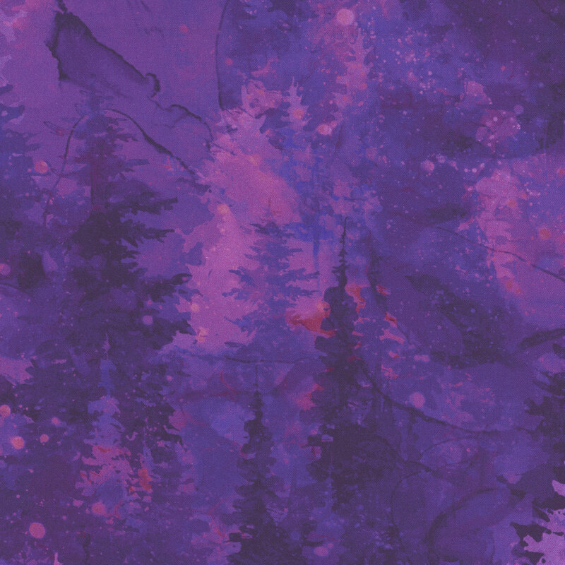 Marbled and mottled purple, magenta, and heliotrope impressions of coniferous trees