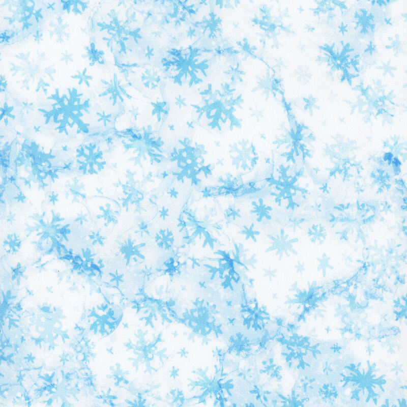 Pale blue tossed snowflakes against a white background