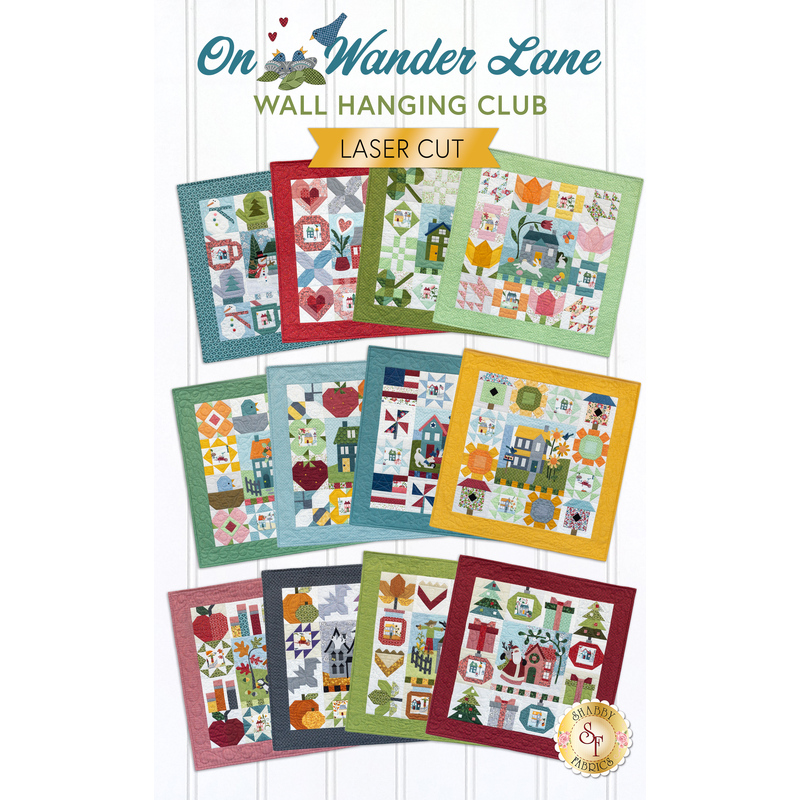 Collage image of 12 small wall hangings made with the Wander Lane fabric collection and patterns by Nancy Halvorsen