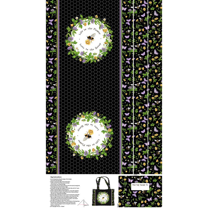 bag panel featuring a black honeycomb pattern, with a vibrant scattered edging with flowers, leaves, bees, and butterflies, with a central bee circle design, with the words 
