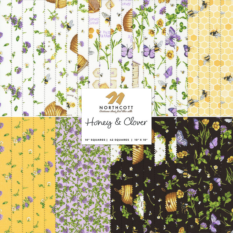 graphic of fabric squares in honey & clover tiles set, in colors ranging from white to yellow to purple to black