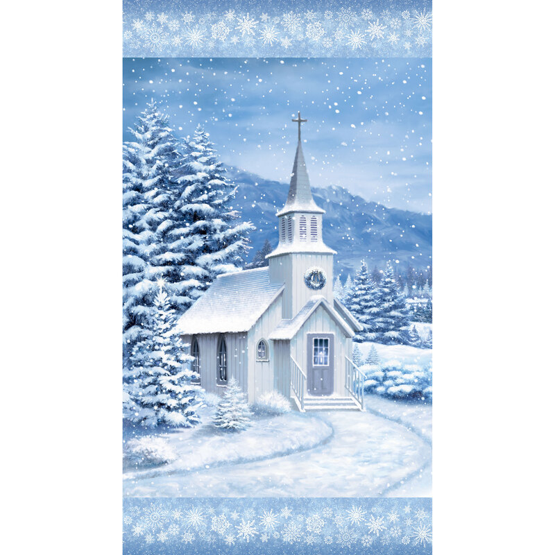 Panel of a small church in a serene winter scene, surrounded by blue and white snow, pinprick snowflakes lightly dancing around the church tower