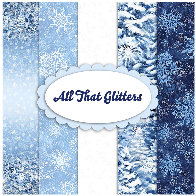 Four fabrics swatches in varying blues, snowy blue trees, dark blue, tossed snowflakes on a dark blue background, with highlights in stark, glittering white