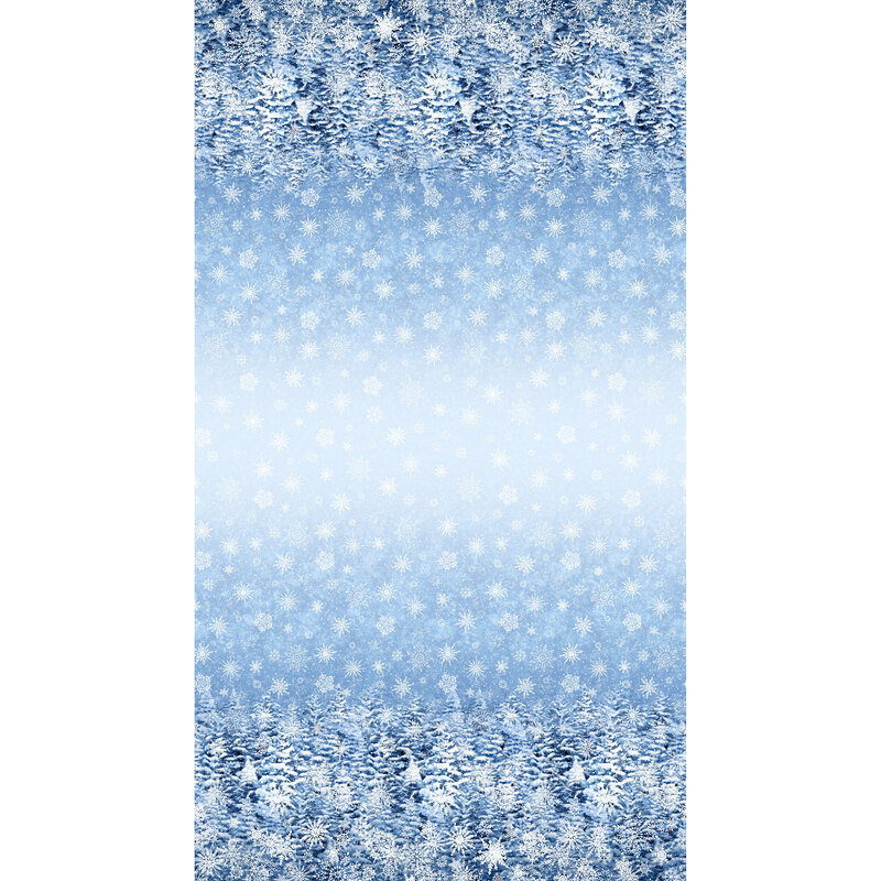 Icy blue ombre running yardage, transitioning from pale tossed snowflakes to a thick forest of snowy trees