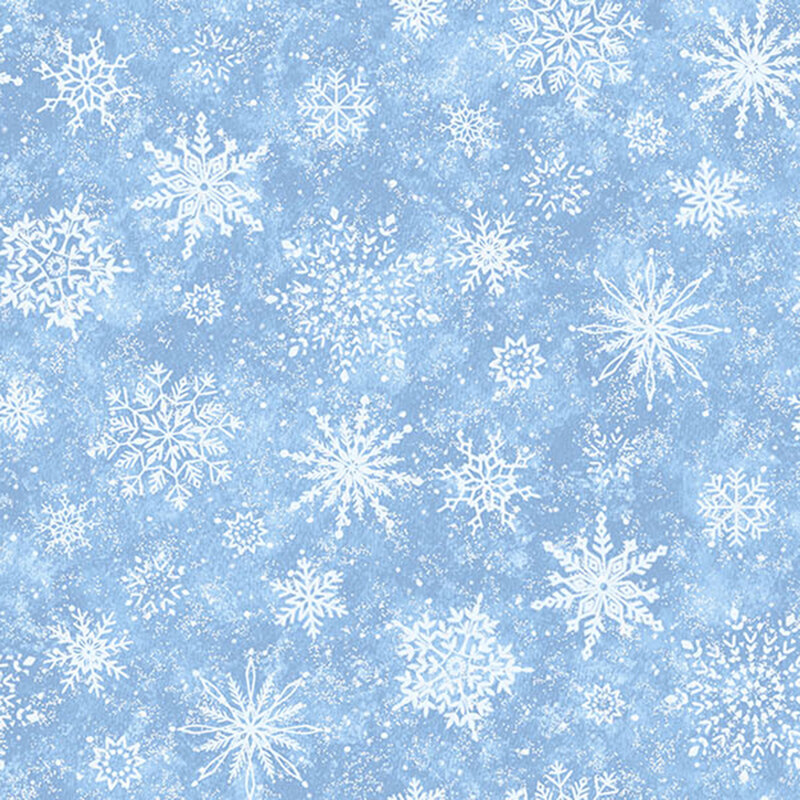 Tossed detailed white snowflakes on a pale sky blue background