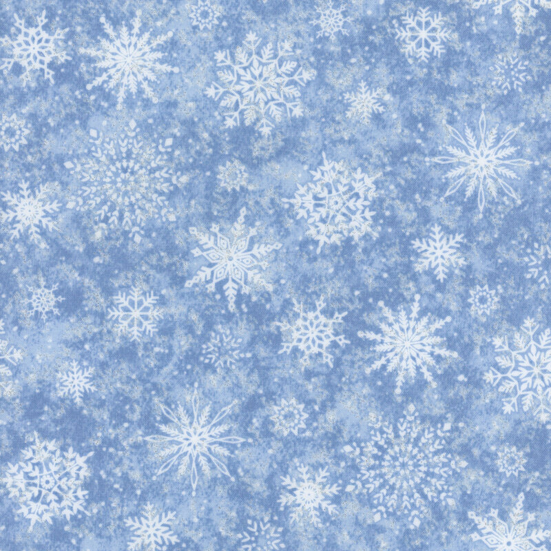 Tossed detailed white snowflakes on a pale sky blue background