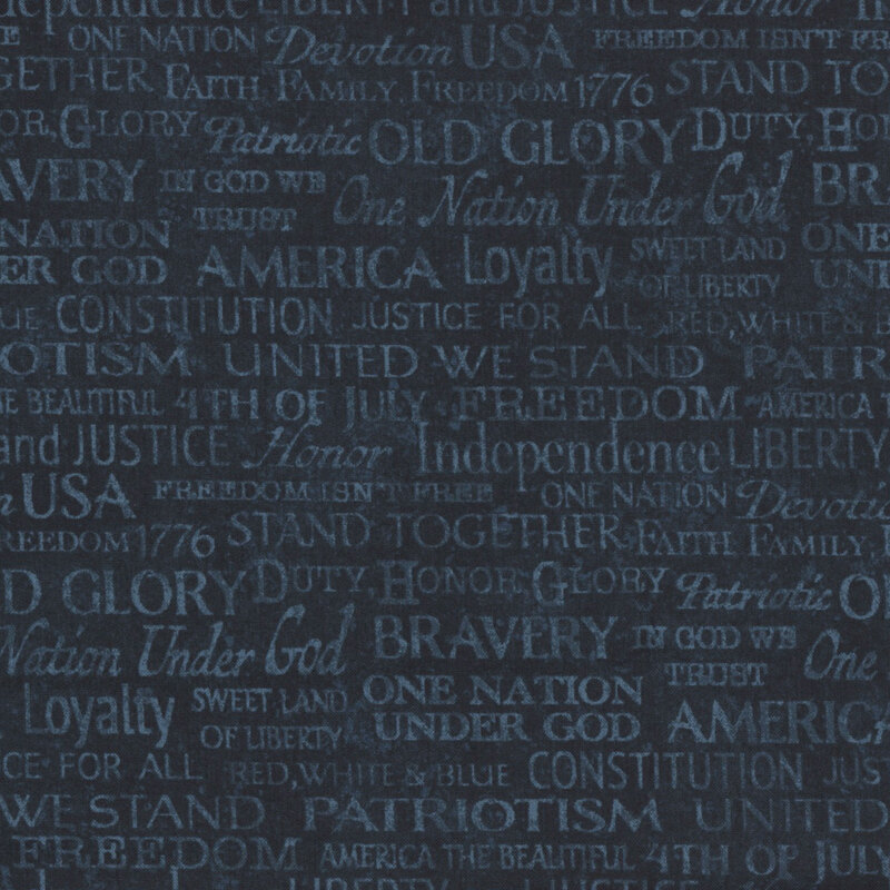 Faded blue text on a dark, midnight blue background. The phrases and words relate to americana and patriotism