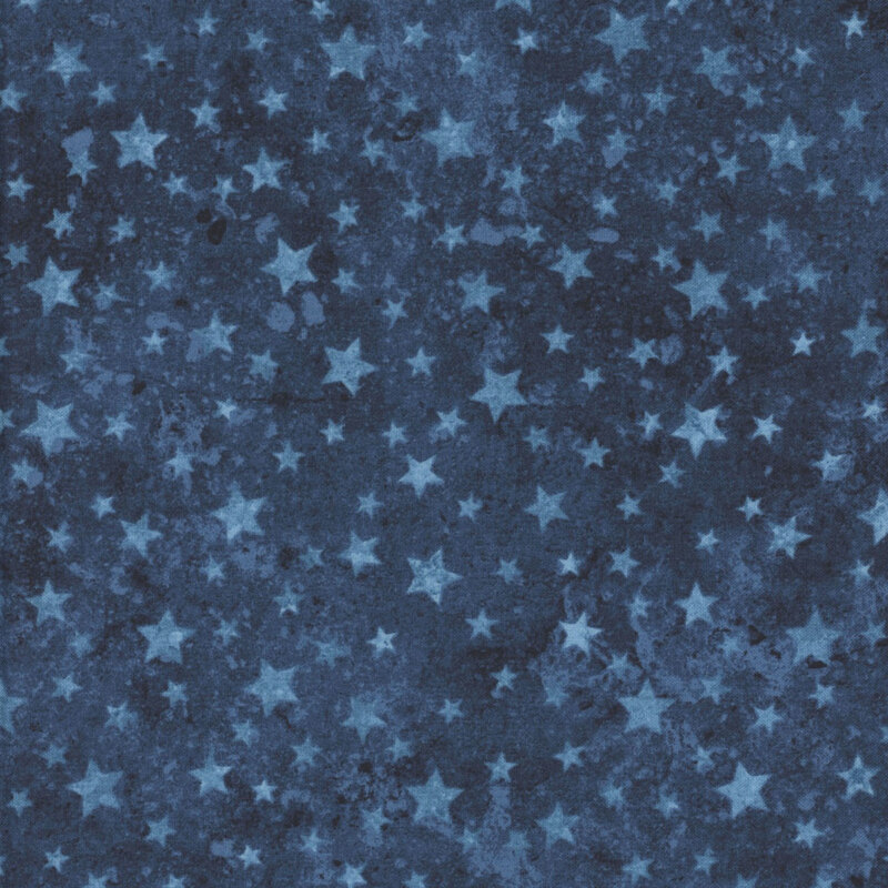 Light blue stars tossed onto a dark blue mottled and tonal background