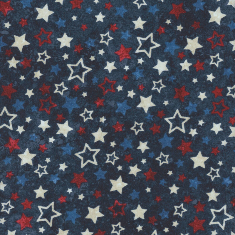 Red, white, and blue stars, some filled and some outlined, tossed on a mottled midnight blue background