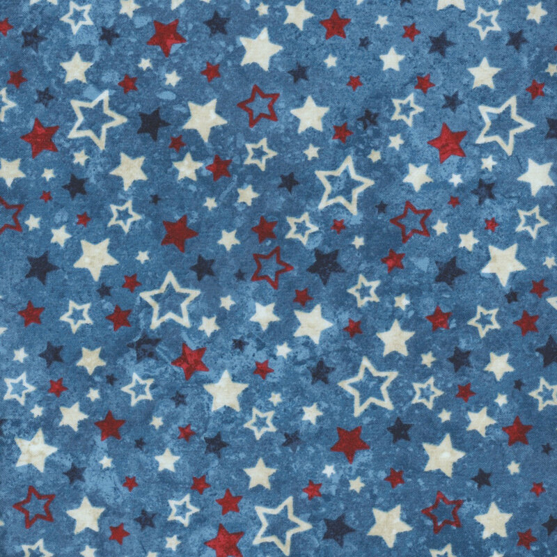 Red, white, and blue stars, some filled and some outlined, tossed on a mottled medium blue background