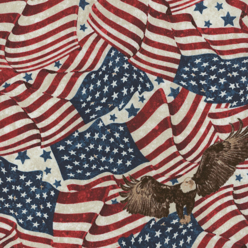 A collage of tossed billowing american flags with eagles alighting over them
