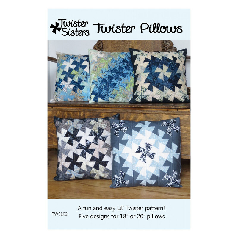 Cover of the twister pillows pattern with images of five finished blue and white pillows with twister designs on them