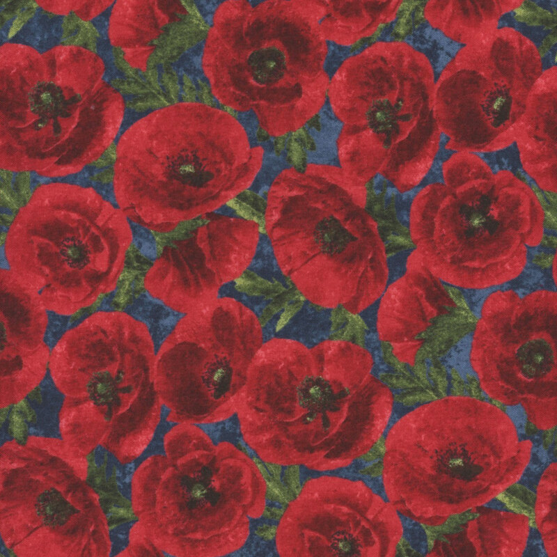 Tossed bright red poppies over a medium blue background