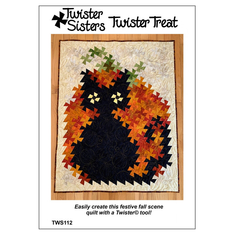 Cover of the twister treat pattern with an image of a cat and pumpkin quilted on a wall hanging or table topper