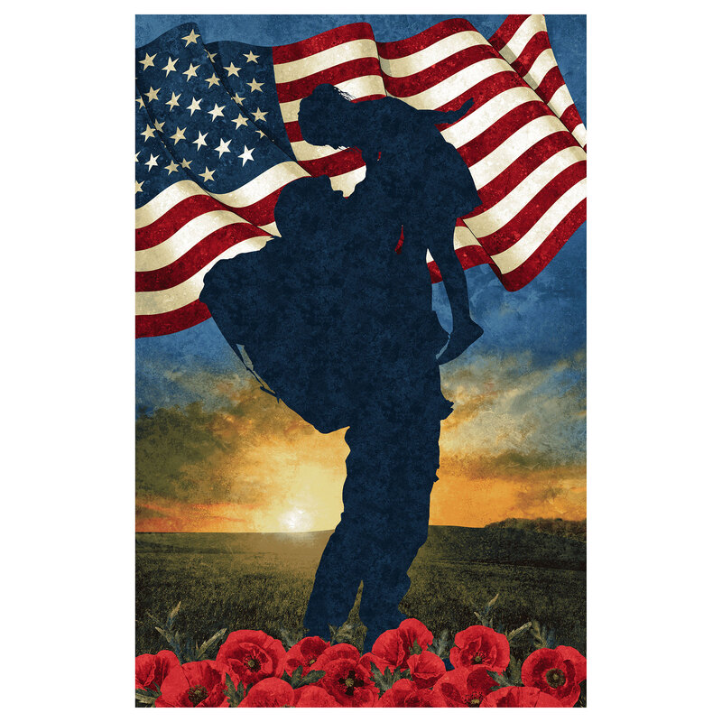 Panel of a soldier coming home, lifting a child up into the air. Behind them, a sunrise and a billowing american flag. A splash of red poppies distinguishes the foreground.