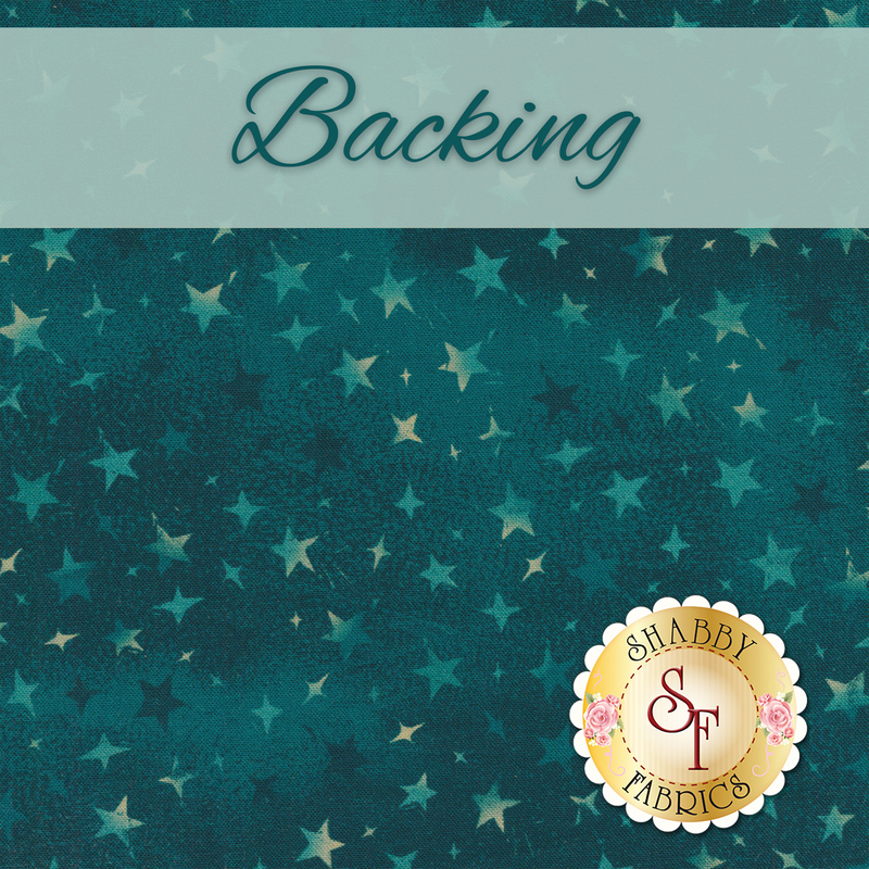 Dark teal tonal fabric with mottling and light stars all over with a pale banner at the top that reads 