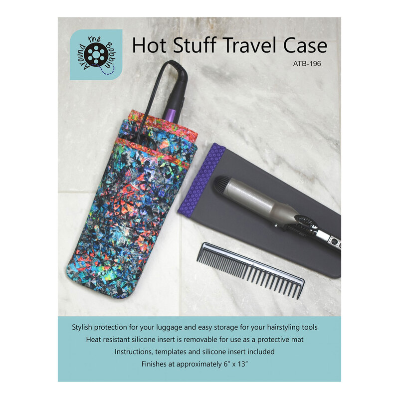 Front of the Hot Stuff Travel Case pattern and silicone insert with a image of the finished project with a curling and flat iron