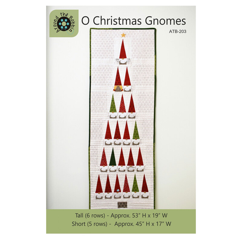 Front of the O Christmas Gnomes pattern with an image of the finished wall hanging, featuring a christmas tree made out of stack rows of gnomes
