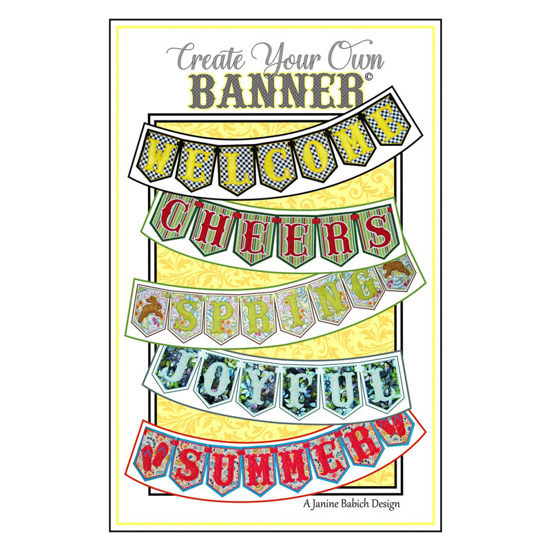 Front cover of the Create Your Own Banner pattern with examples of lettered banners across a yellow and white background