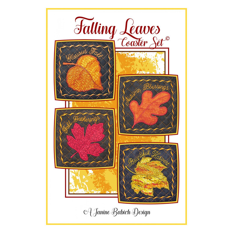 Front of the Falling Leaves Coaster Set pattern with 4 coasters pictured with fall leaves on them