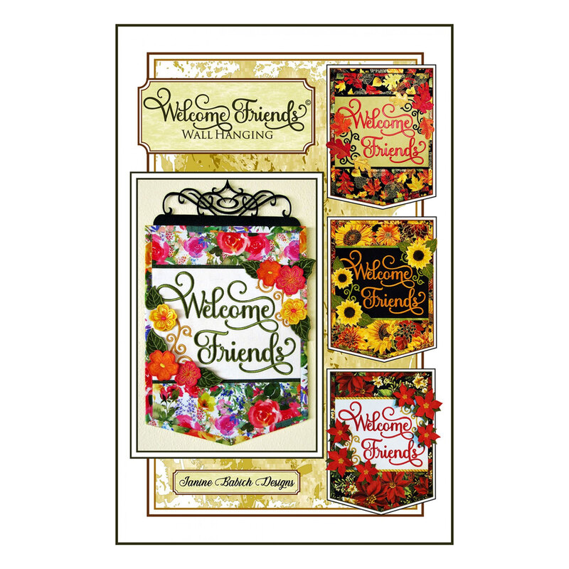 Front of the welcome friends wall hanging pattern with a finished colorful floral wall hanging that says 