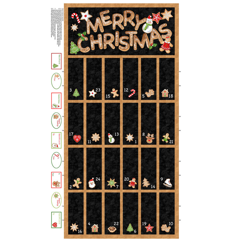 Advent calendar panel from the sugar coated collection, a black backround with gingerbread brown borders to outline each day. In powdered gingerbread, the words MERRY CHRISTMAS adorn the top of the panel