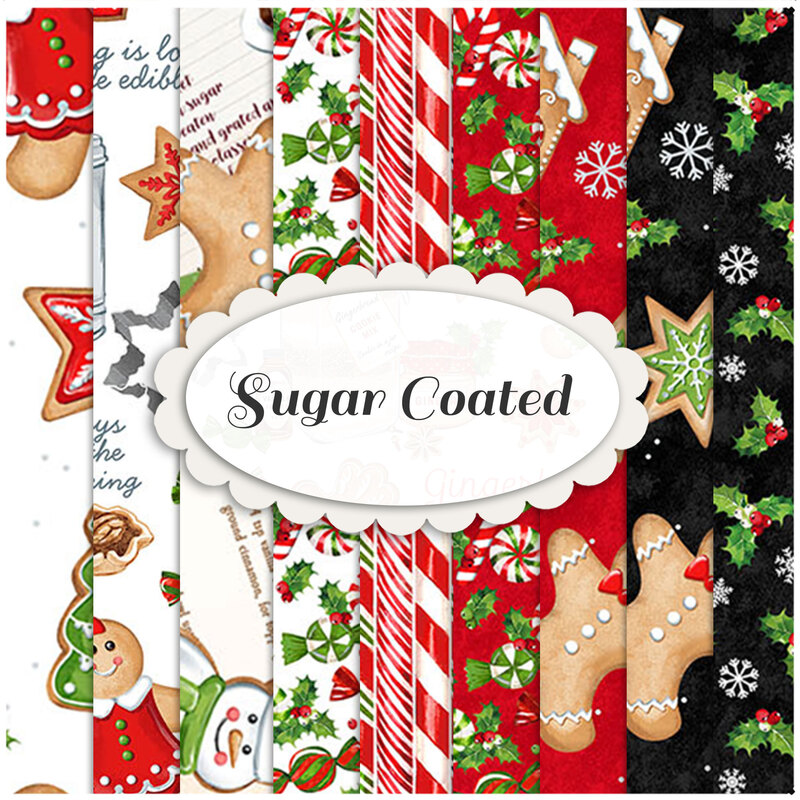 nine red, green, white, and black fabrics covered with tossed gingerbread cookies, candies, and other christmas themed motifs like holly and snowflakes