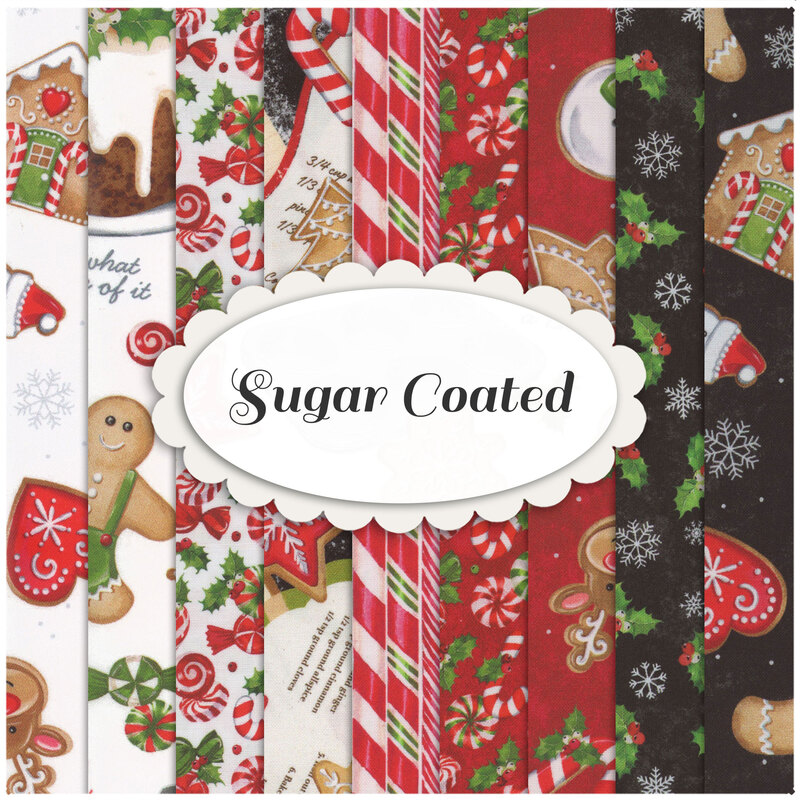 Nine red, green, white, and black fabrics covered with tossed gingerbread cookies, candies, and other christmas themed motifs like holly and snowflakes