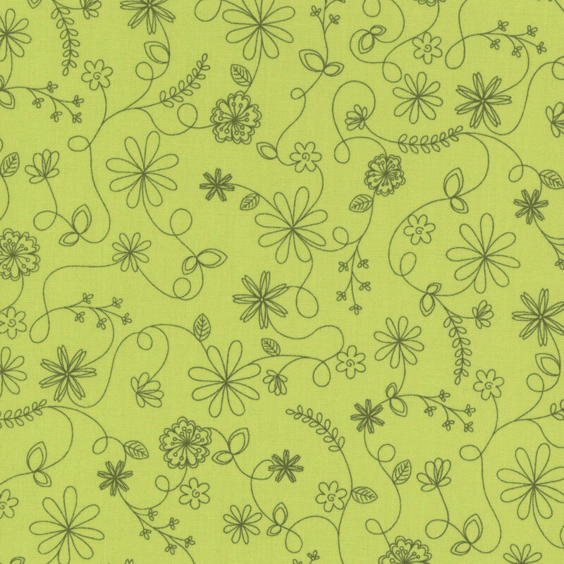 light green fabric featuring a swirling vine floral pattern in dark green