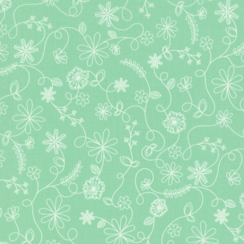 aqua fabric featuring a swirling vine floral pattern in white