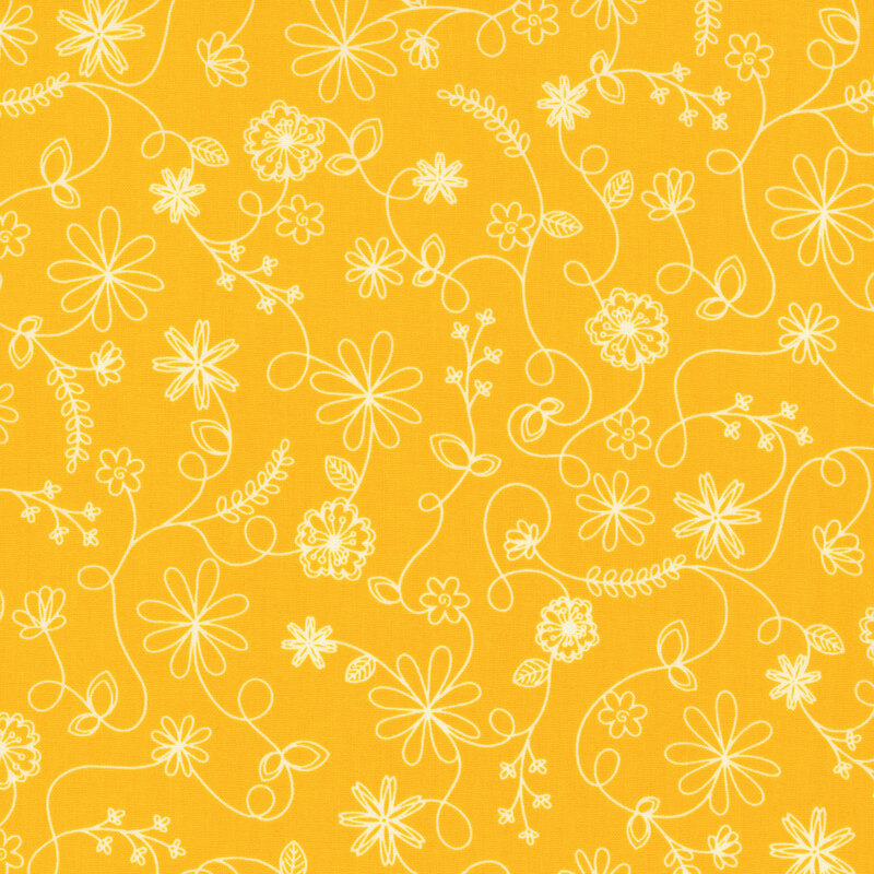golden yellow fabric featuring a swirling vine floral pattern in white