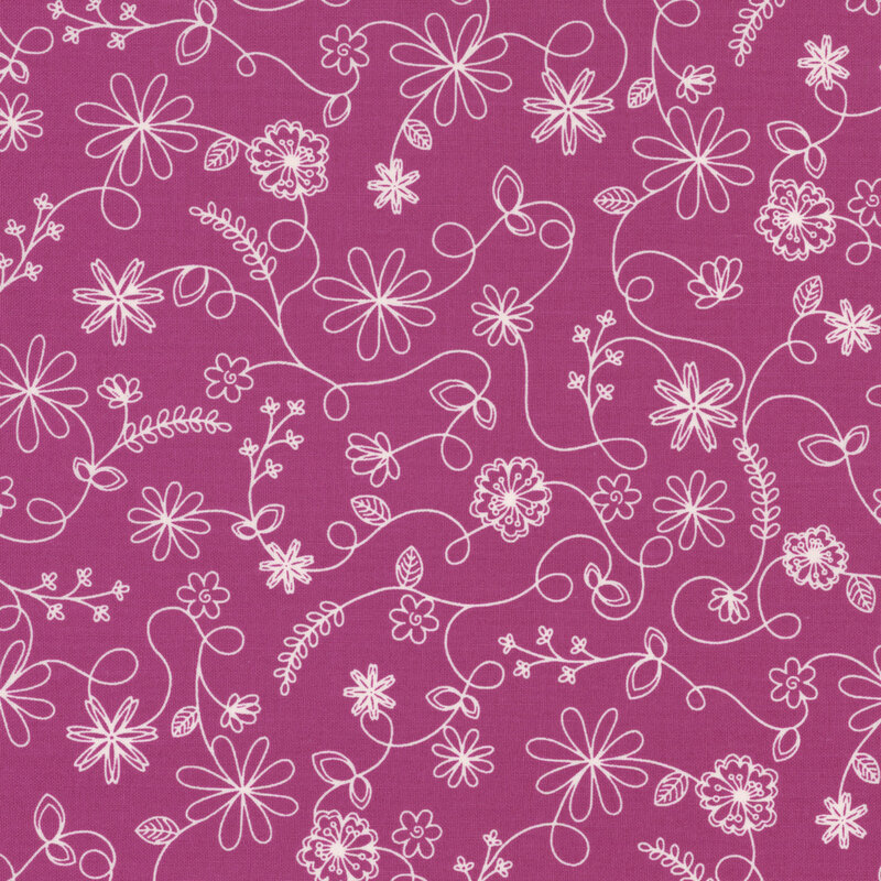 fuchsia fabric featuring a swirling vine floral pattern in white