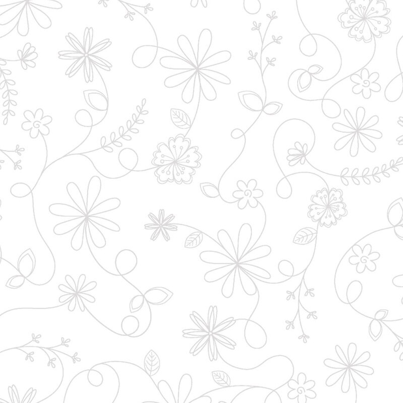digital image of white fabric featuring a swirling vine floral pattern in white