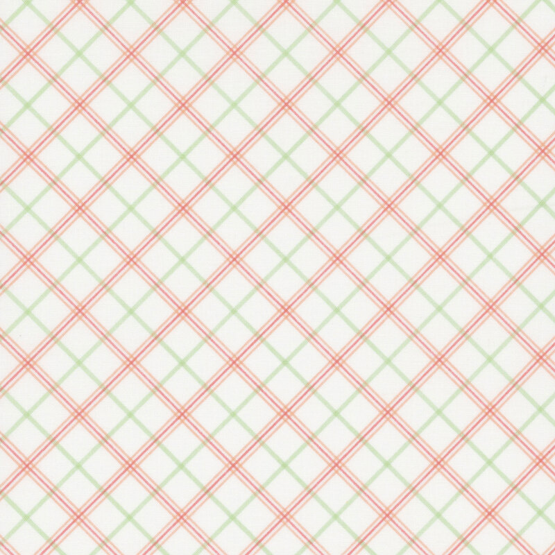 white fabric featuring diagonal pink and green plaid