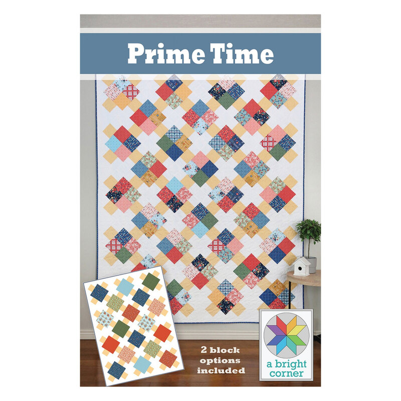 Front of the Prime Time pattern, showcasing a finished quilt with multicolored squares on a white background