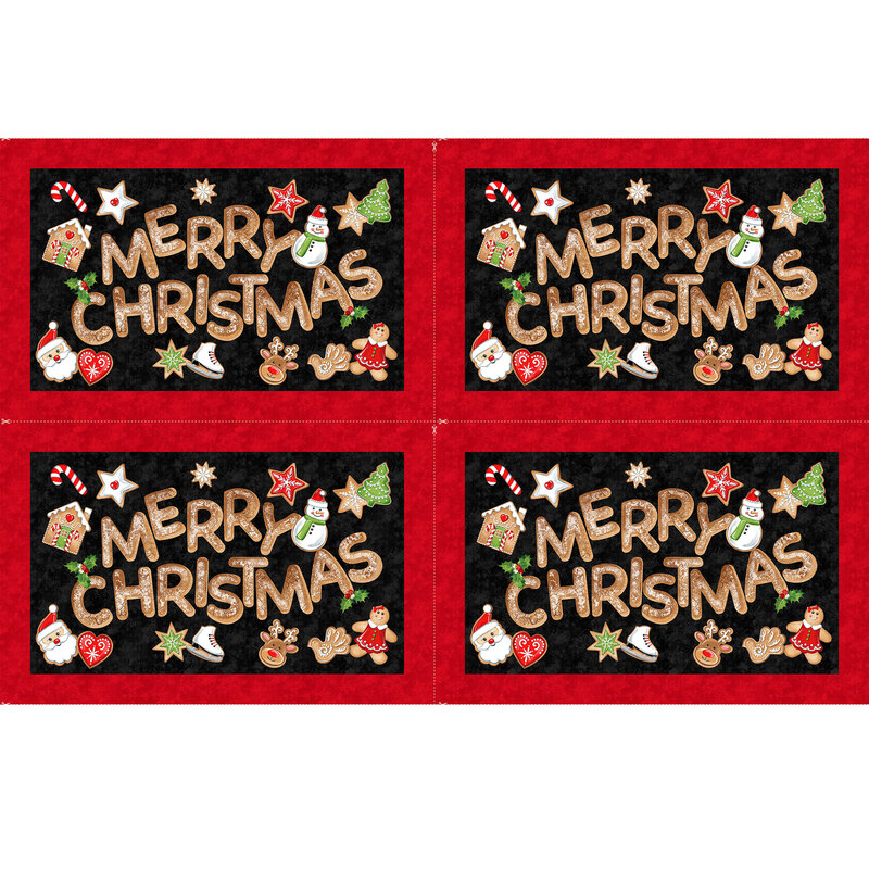 Panel with four total placements that say merry christmas in powdered, crackling gingerbread, surrounded by christmas cookies and motifs