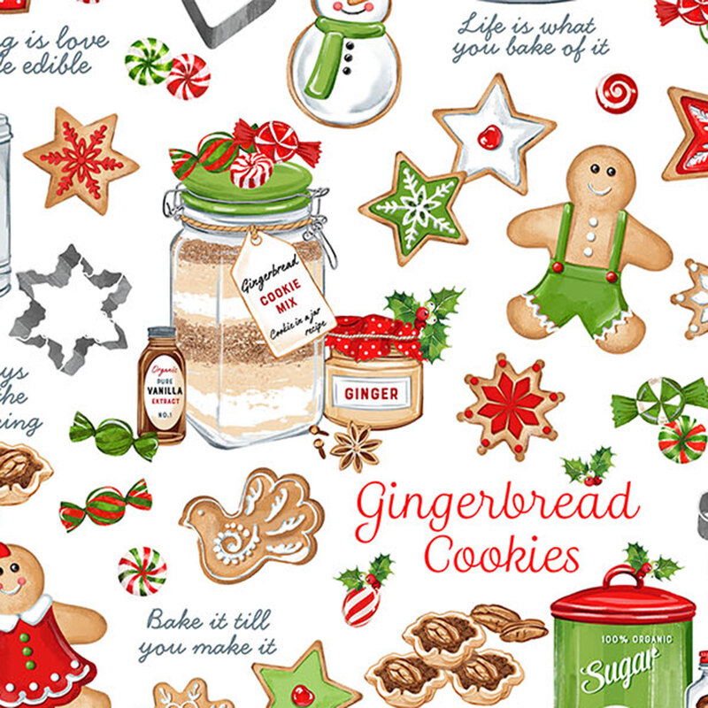 Novelty print with scattered cookie paraphernalia, from gingerbread men to cookie cutters, little candies to jars and canisters of cookie mixes and ingredients