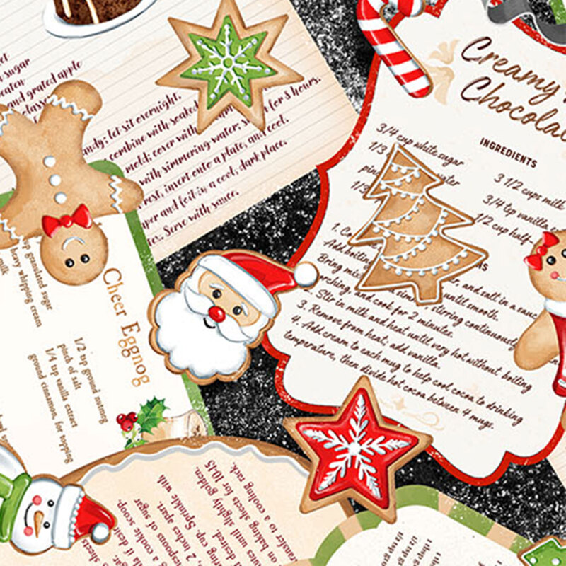 Novelty print with scattered holiday recipe cards and gingerbread cookies
