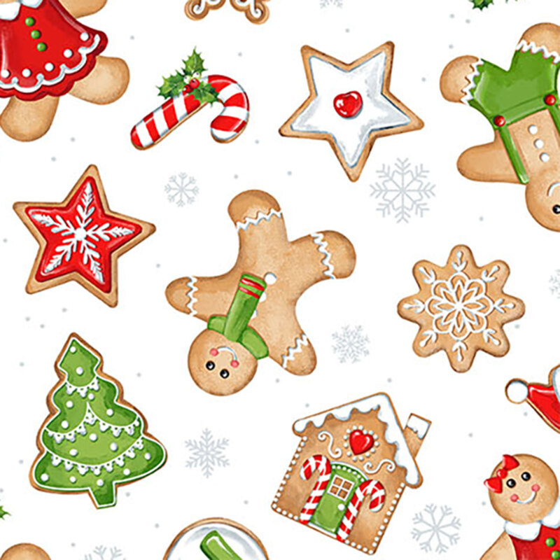 Tossed and scattered gingerbread people as well as various christmas cookie shapes are set against a white background. Little silver snowflakes flutter about the white background!