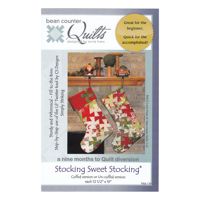 Cover of the Stocking Sweet Stocking pattern with an image of two quilted geometric stockings hanging from a mantle