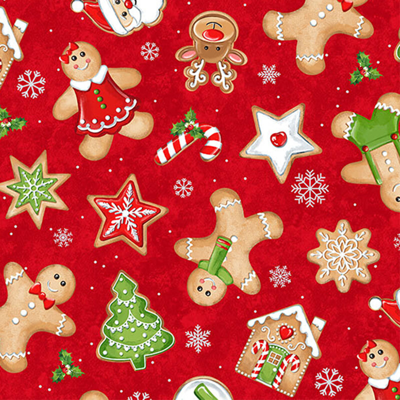 Tossed and scattered gingerbread people as well as various christmas cookie shapes are set against a red background. Little silver snowflakes flutter about the red background!