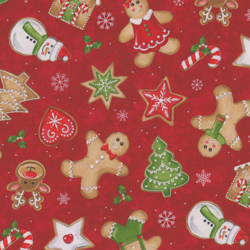 Tossed and scattered gingerbread people as well as various christmas cookie shapes are set against a red background. Little silver snowflakes flutter about the red background!