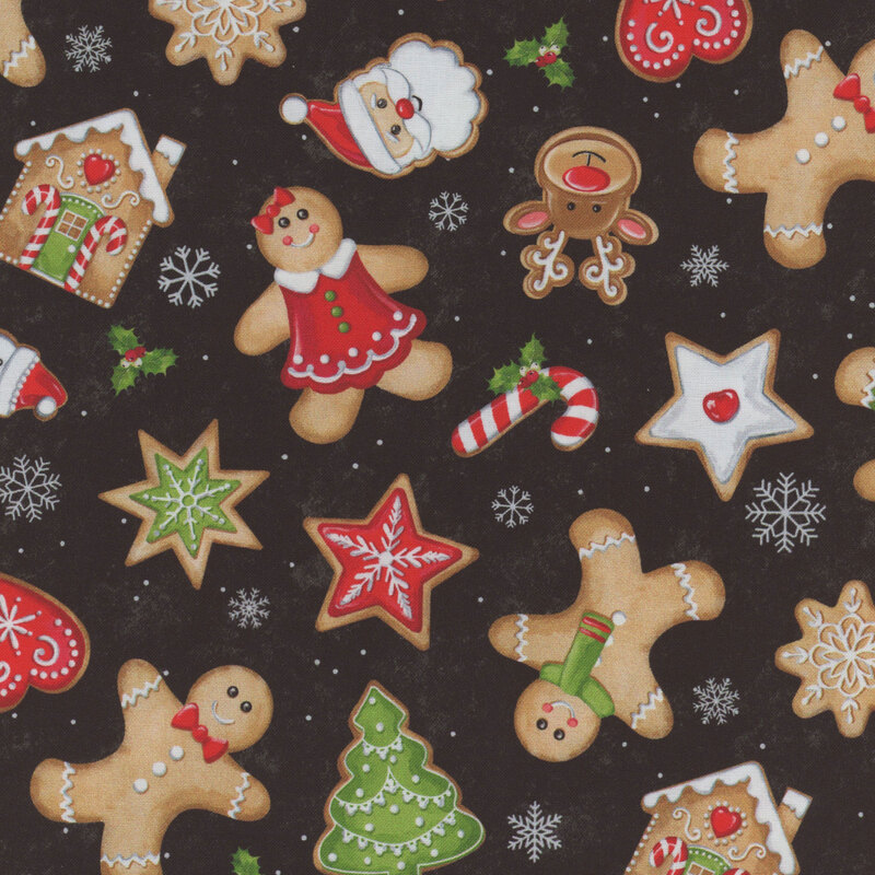 Tossed and scattered gingerbread people as well as various christmas cookie shapes are set against a black background. Little silver snowflakes flutter about the black background!