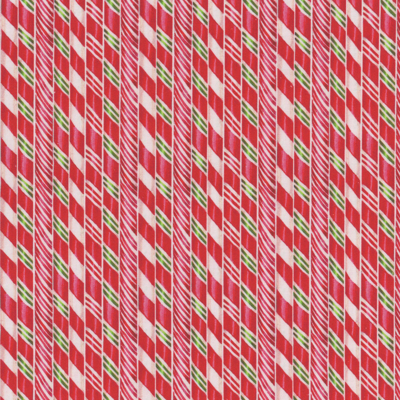 vertical candy cane stripes in four variations of stripe width. shiny and appealing, the dominant color is red, followed by red, with candy green accents
