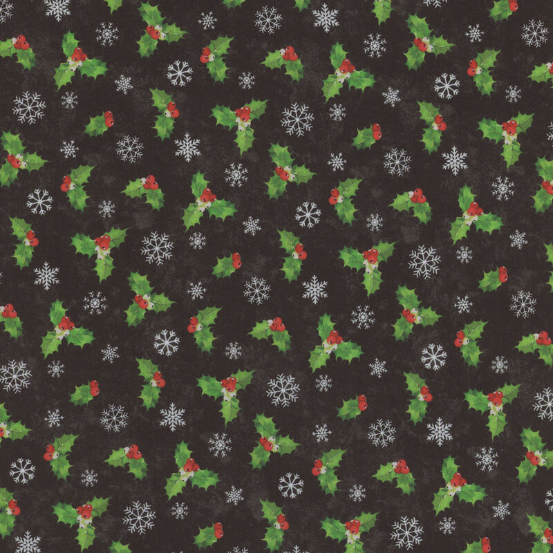 boughs of candy green holly and little white snowflakes, tossed over a black background