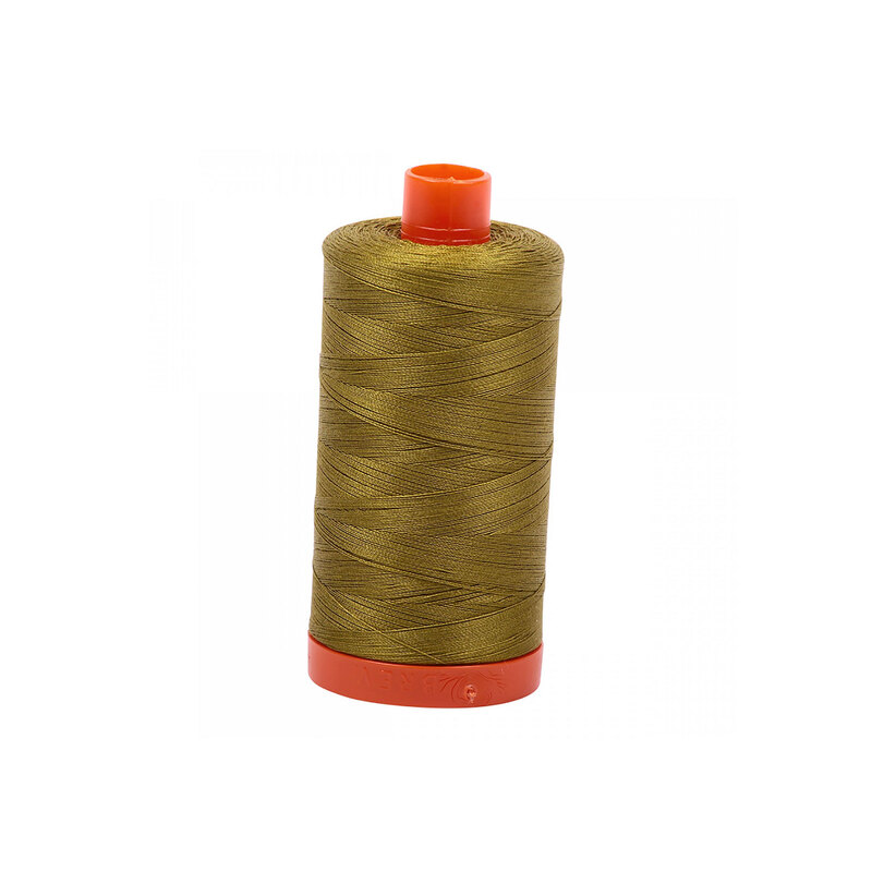 A spool of Aurifil 2910 - Medium Olive thread, medium brown in overtone and true olive green undertones on a bright orange spool, against a white background