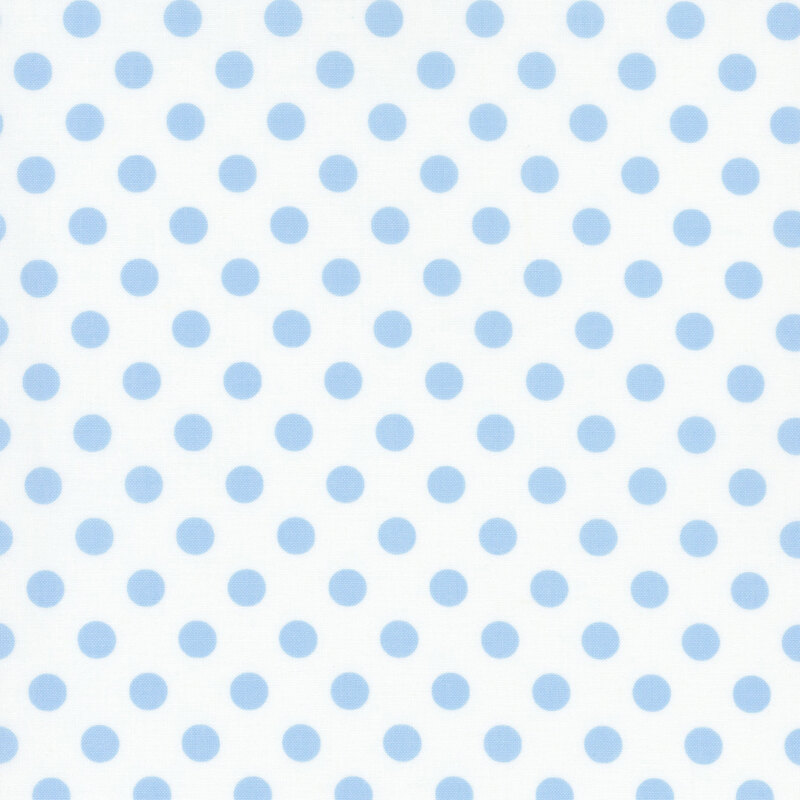 fabric featuring a white background with pale blue polka dots