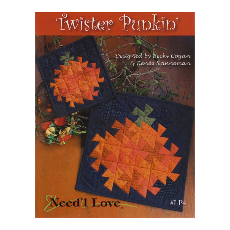 cover of the twister punkin' pattern with an image of the two sizes of finished hot pads, quilted with black backgrounds and orange pumpkins on them