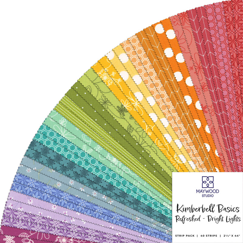 A collage of vibrant fabrics from the Kimberbell Basics Refreshed bright lights set, in a rainbow of bright colors