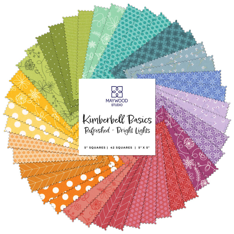 collage of all fabrics in the Kimberbell Basics Refreshed Bright Lights 5